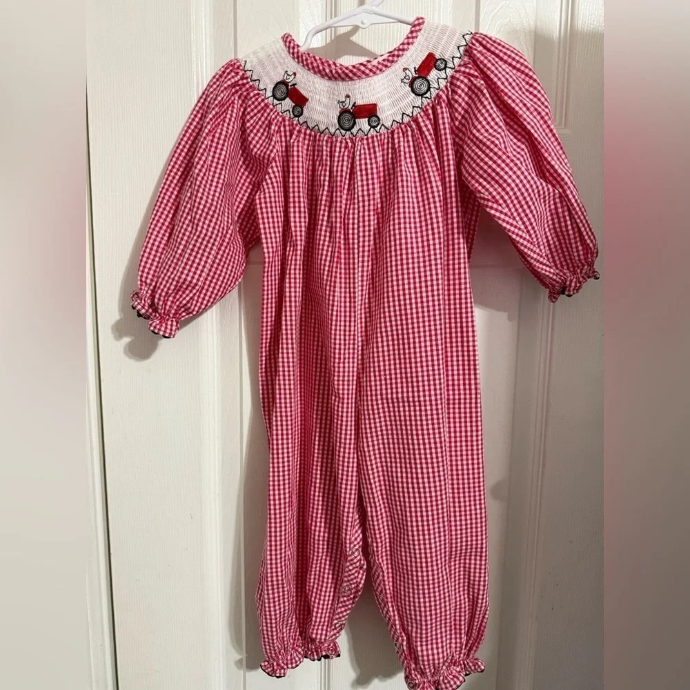 Marie Nicole Smocked Red Wagon Romper